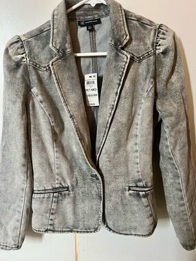 INC International Concepts Washed Gray Denim Blazer with Puff Shoulders Size PM